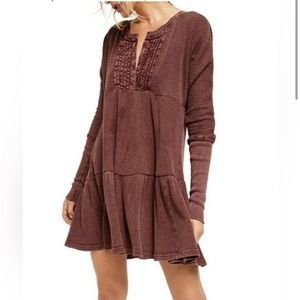 FREE PEOPLE JOLENE LONG SLEEVE A-LINE MINI DRESS WINE size large